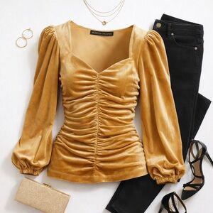 Boston Proper Gold Velvet Ruched Sweetheart Puff Sleeve Glam Blouse Small